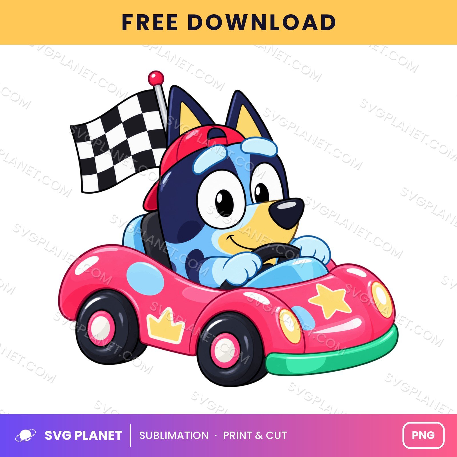 Bluey Pink Race Car Checkered Flag Free Sublimation PNG