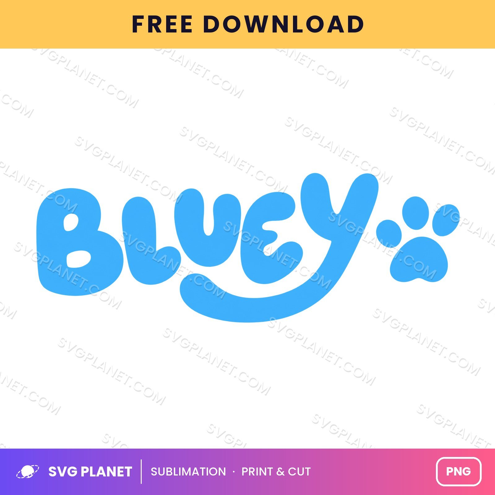 Bluey Text Paw Print Blue Free Sublimation PNG