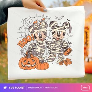 Boo Mummy Mouse Couple With Pumpkins And Web PNG