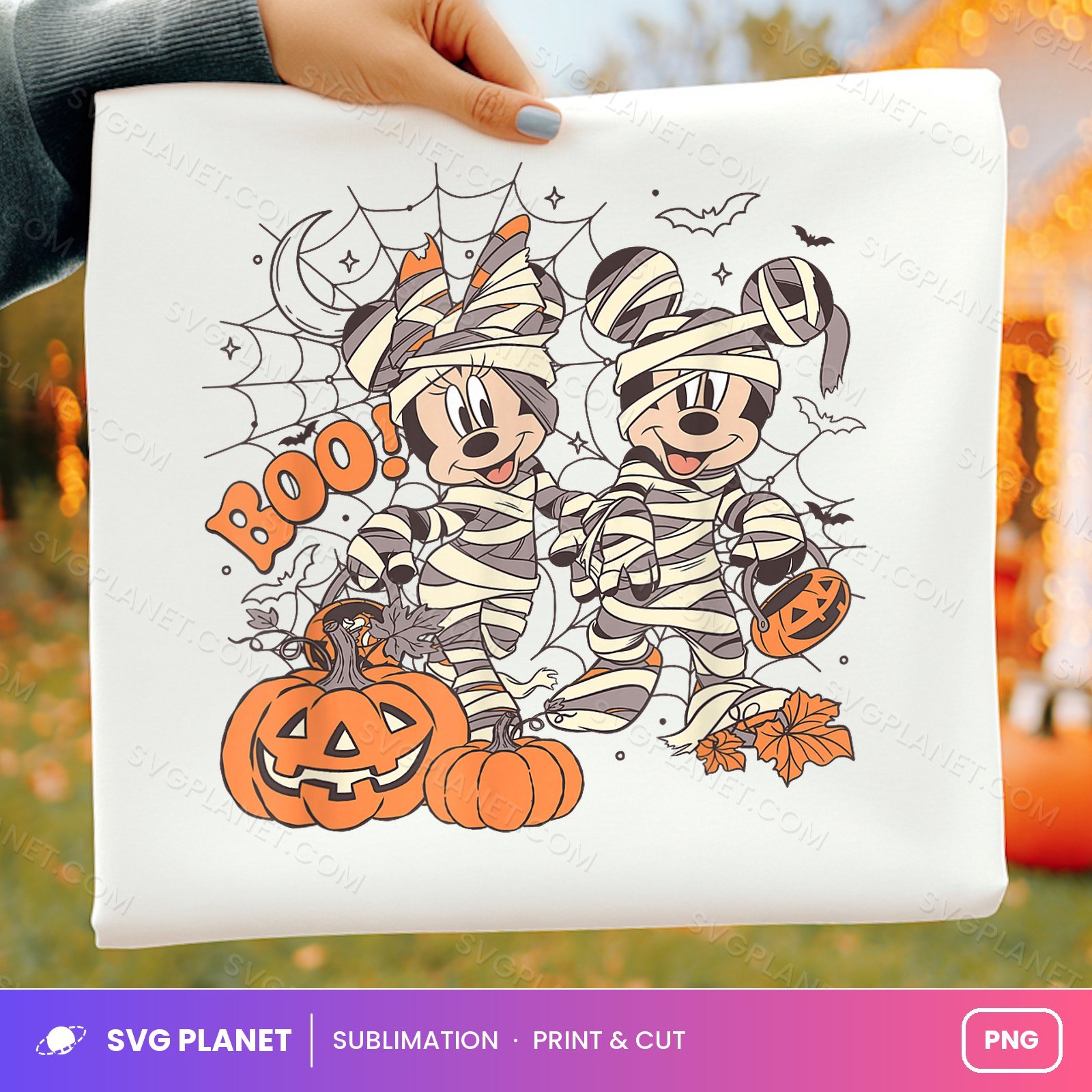 Boo Mummy Mouse Couple With Pumpkins And Web PNG