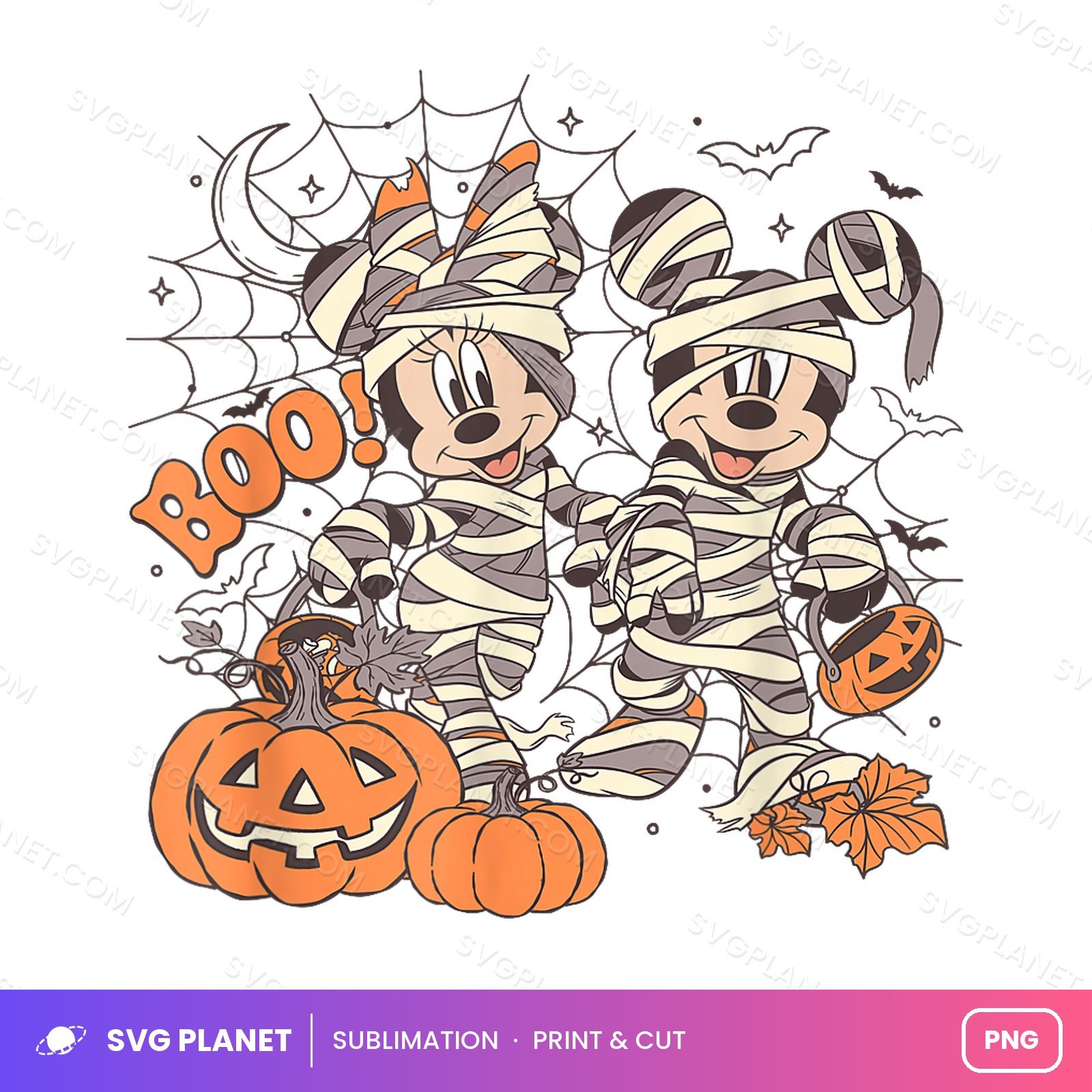 Boo Mummy Mouse Couple With Pumpkins And Web PNG - Image 2