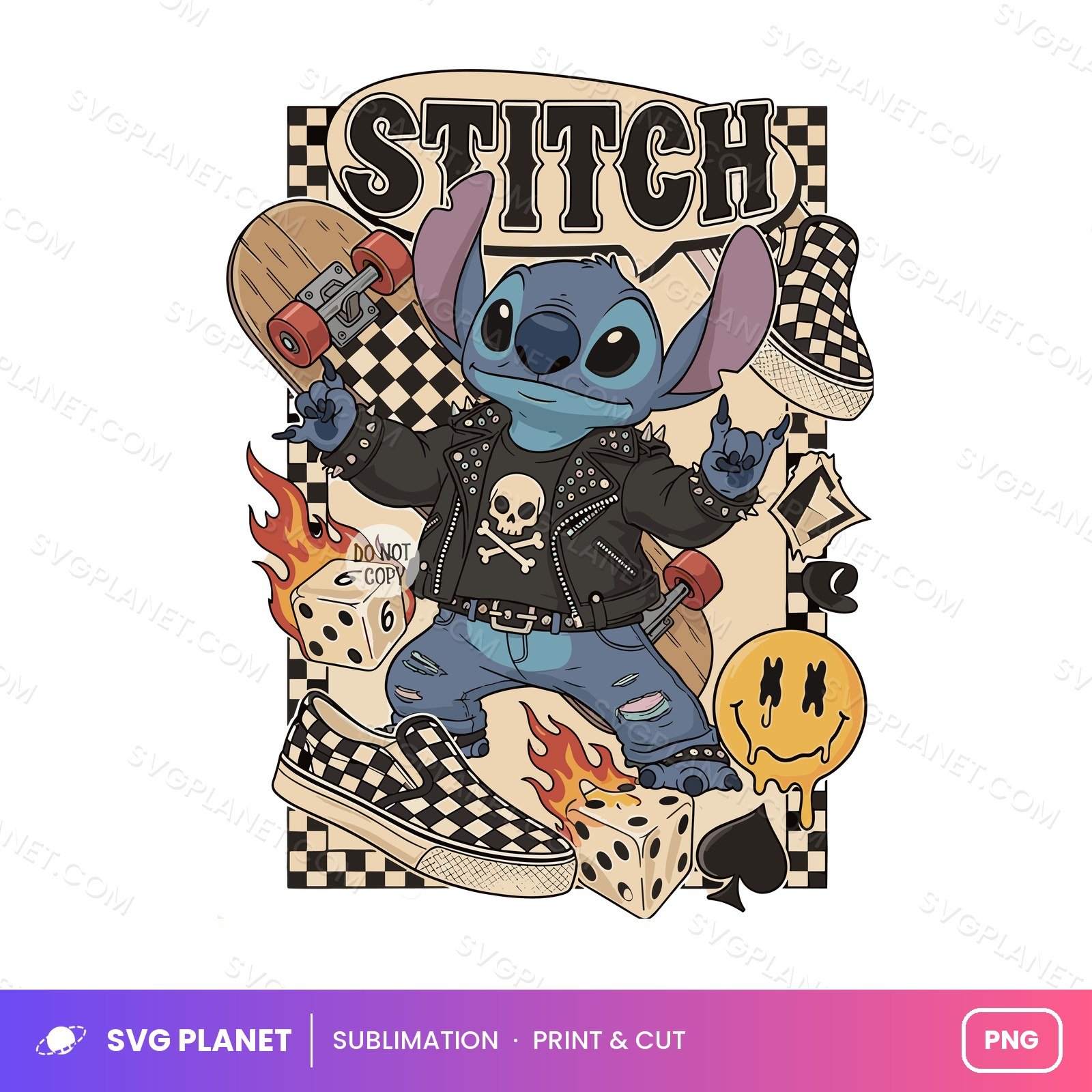Checkered Stitch Retro Smiley Shirt Design PNG