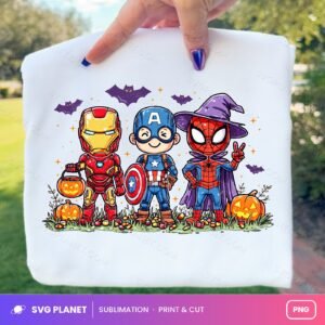 Chibi Superhero Halloween Trio With Witch Hat PNG