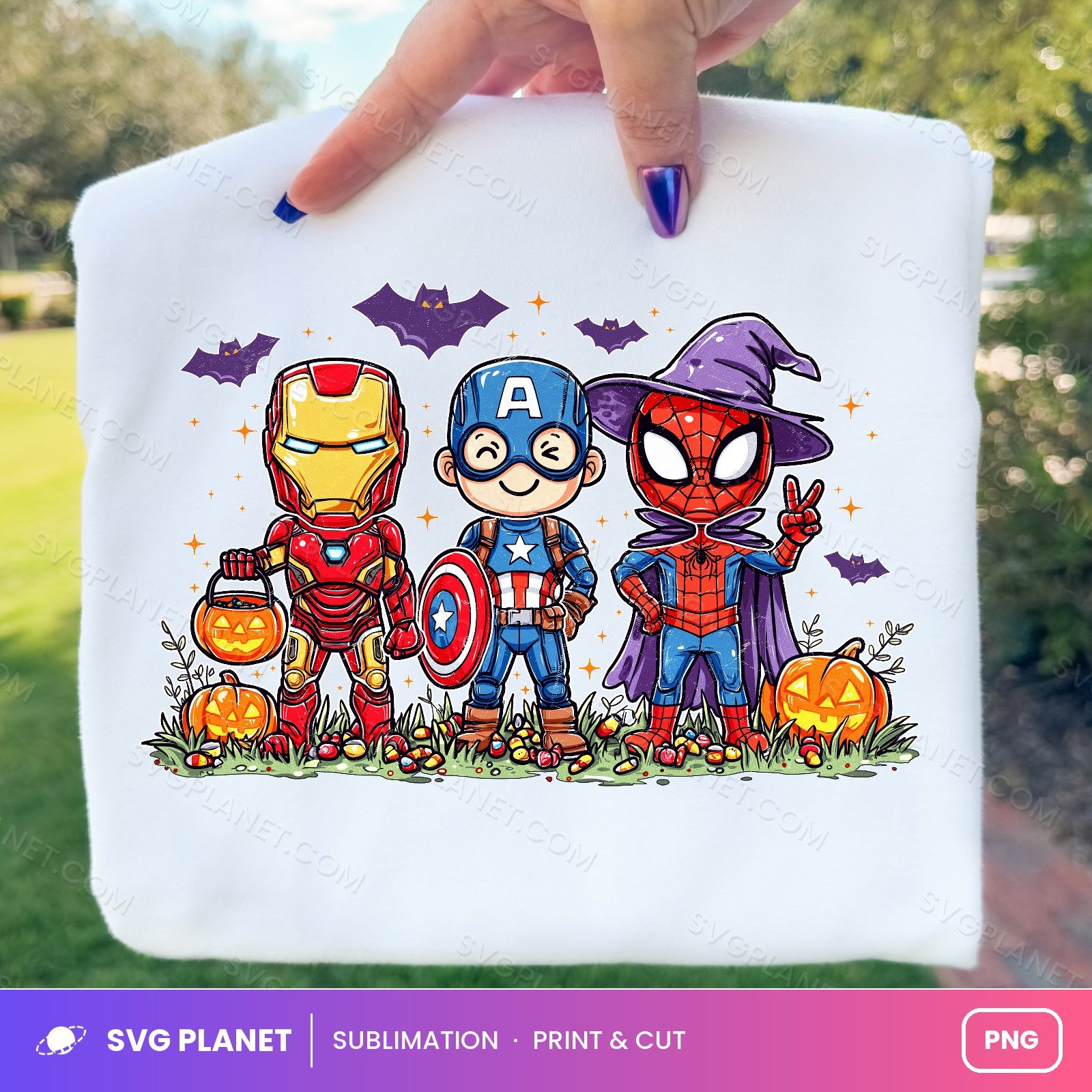 Chibi Superhero Halloween Trio With Witch Hat PNG