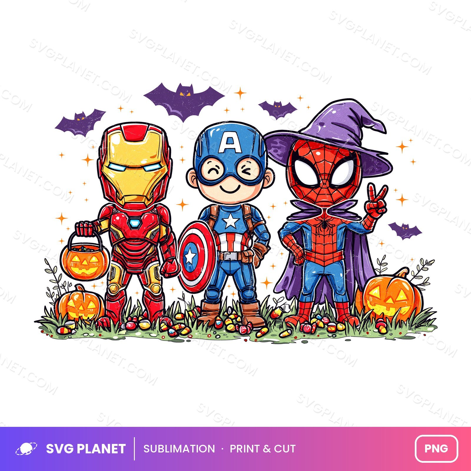 Chibi Superhero Halloween Trio With Witch Hat PNG - Image 2