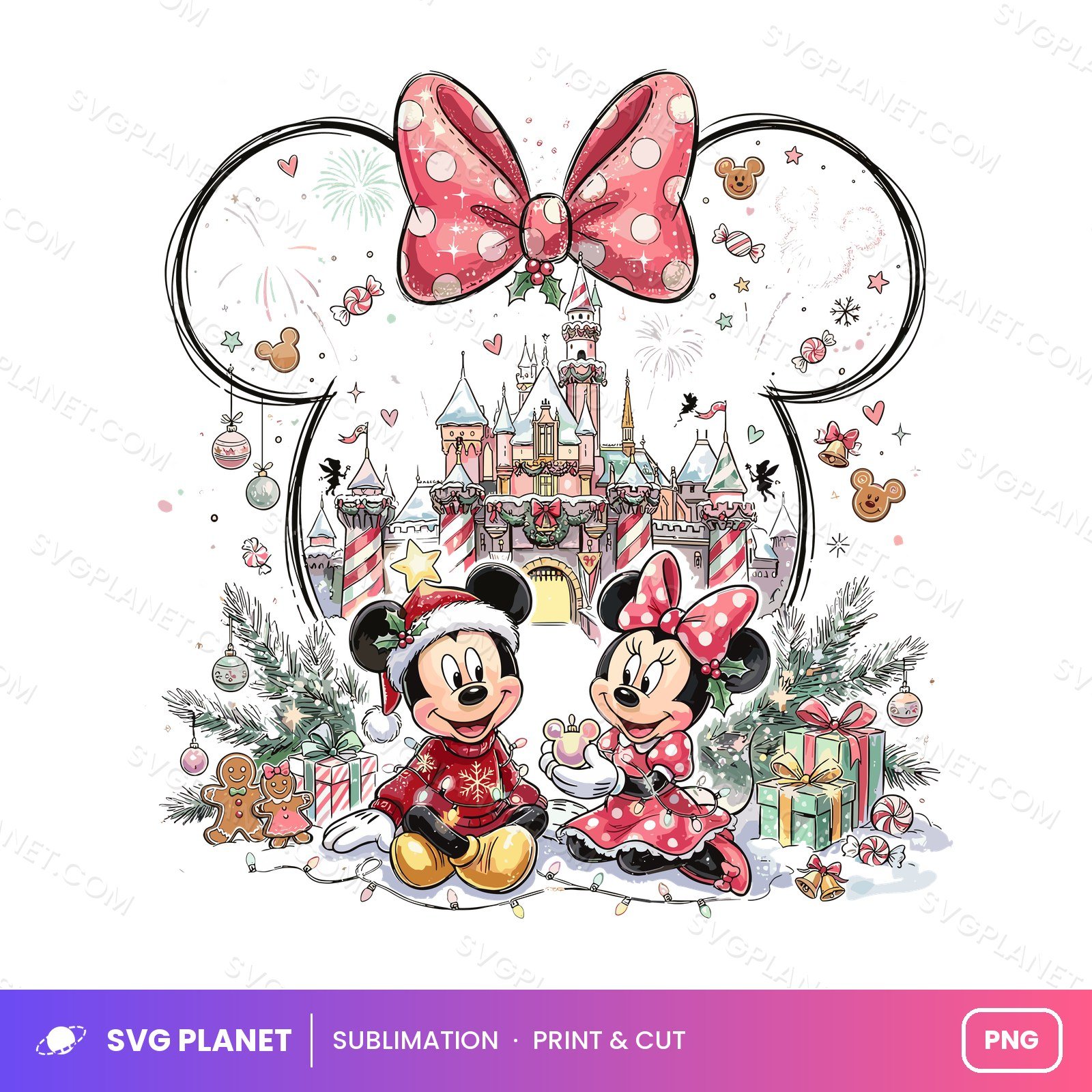 Christmas Castle Mickey Minnie, Holiday Cute Couple Clipart, Magical Winter Wonderland Art PNG