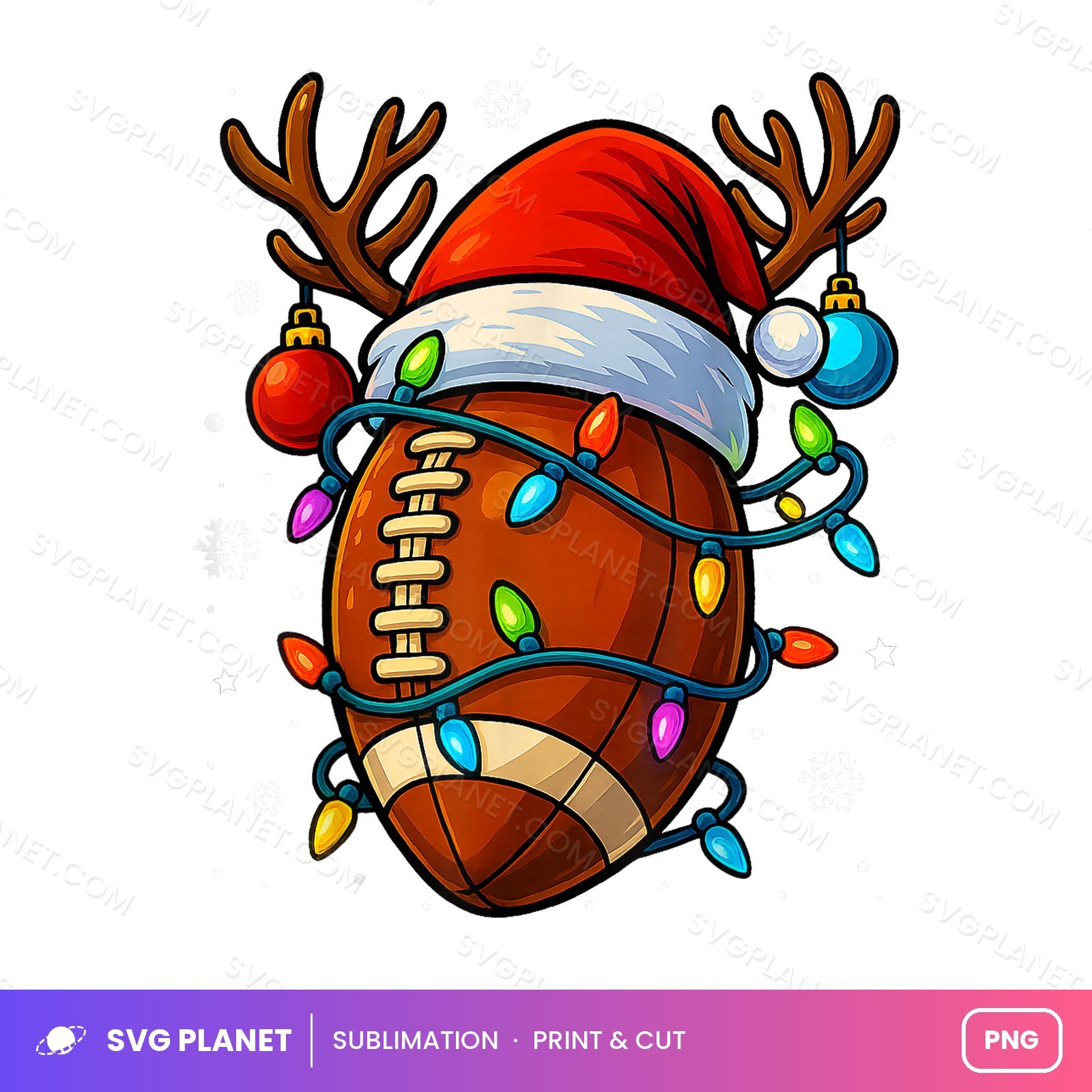 Christmas Football Santa Hat Antlers And Lights PNG