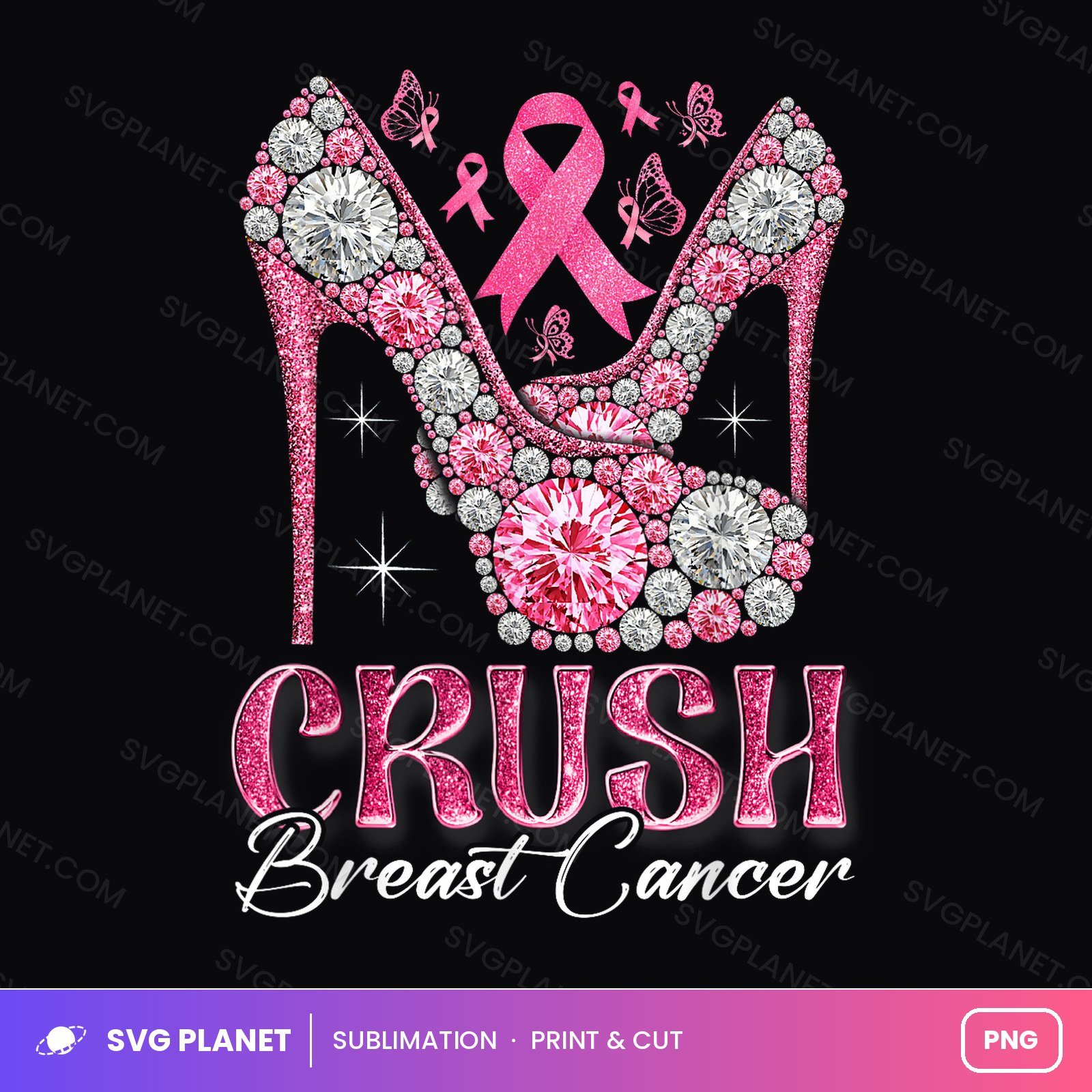 Crush Breast Cancer Awareness Bling Pink Ribbon High Heel PNG