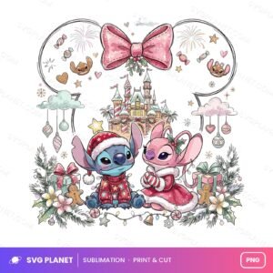 Cute Christmas Alien Couple, Holiday Castle Scene Clipart PNG