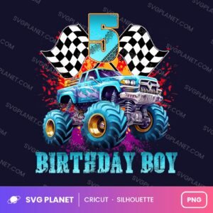 Five Birthday Boy Monster Truck Birthday PNG