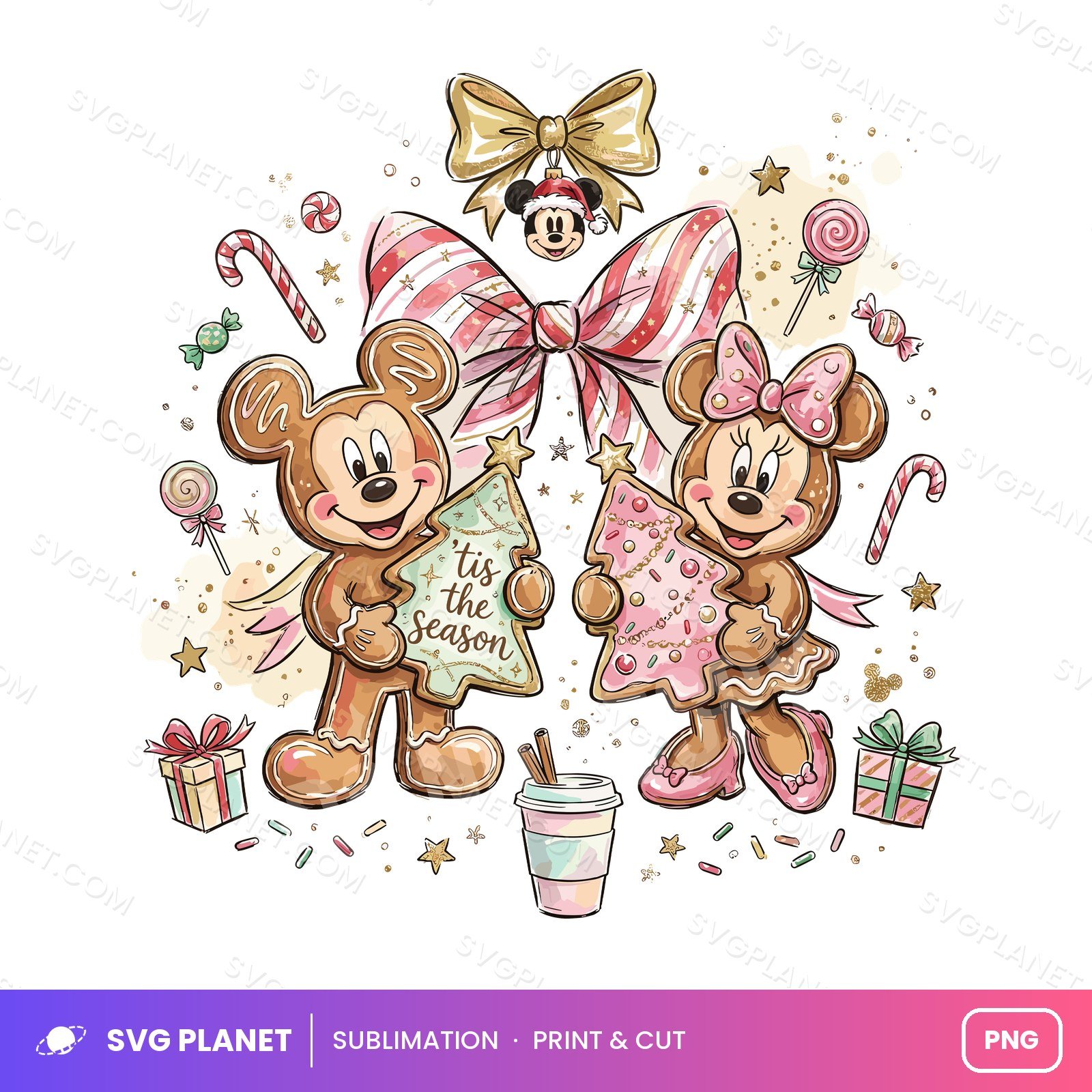 Gingerbread Mouse Couple, Pastel Christmas Cookie Clipart, Retro Holiday Bow & Candy Cane Art PNG