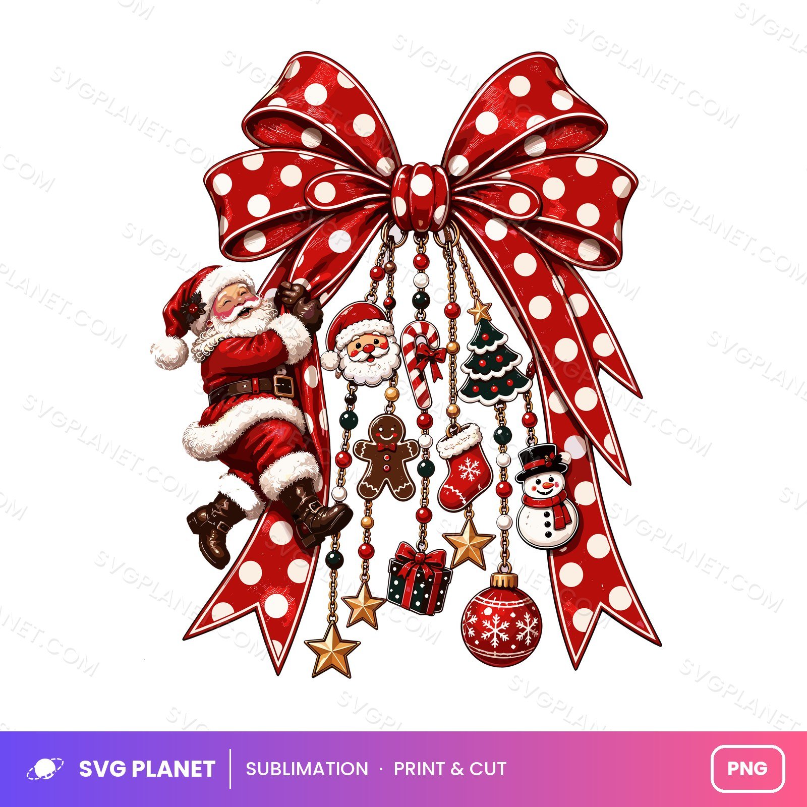 Girly Christmas Bow, Retro Polka Dot Holiday Charms Design, Christmas Tree Doodles PNG - Image 2