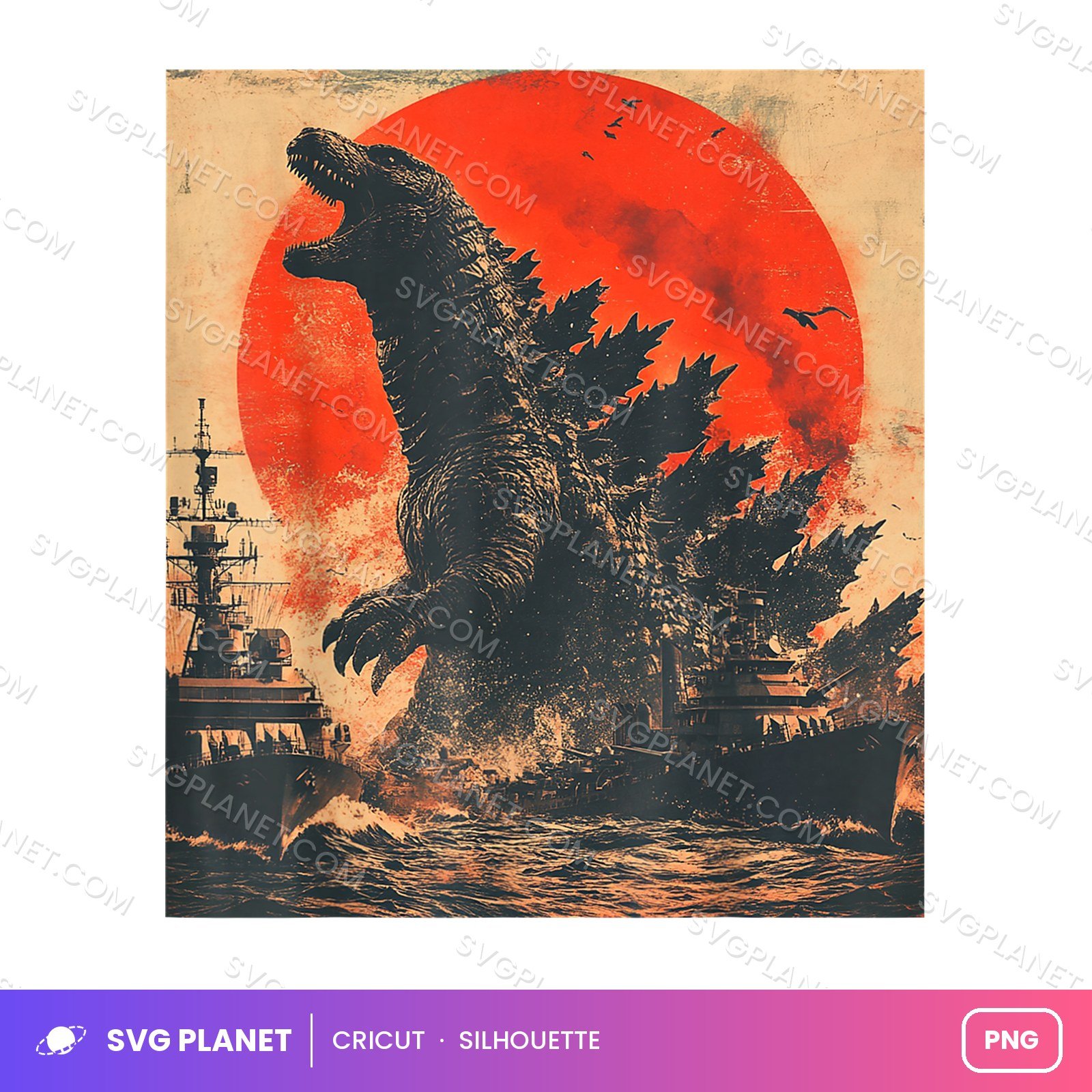 Godzilla Red Sun Battleships, Vintage Godzilla Artwork, Kaiju Sublimation Other PNG