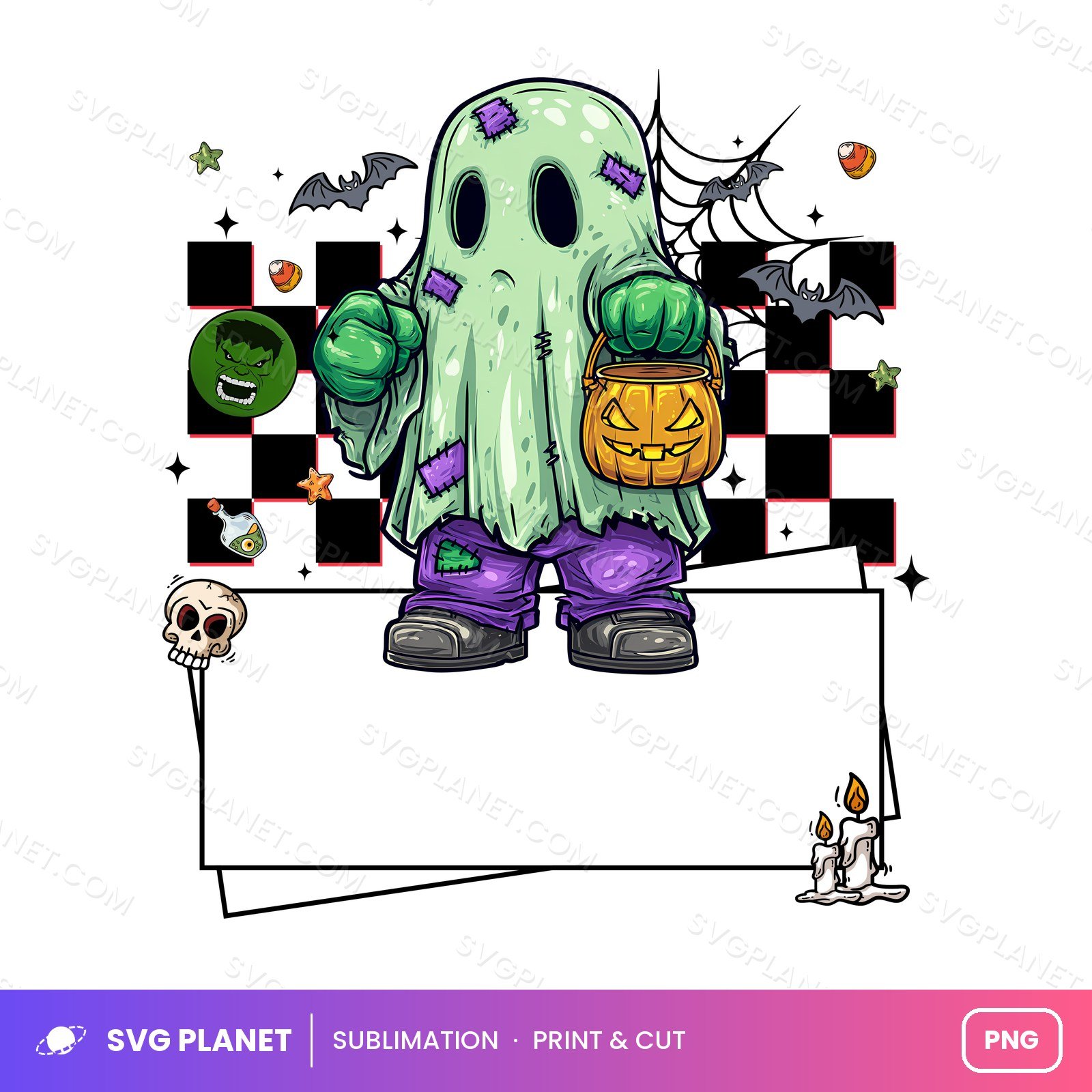 Green Hero Ghost Trick Or Treat Blank Name Sign PNG - Image 2