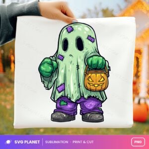 Green Hero Ghost With Pumpkin Bucket PNG