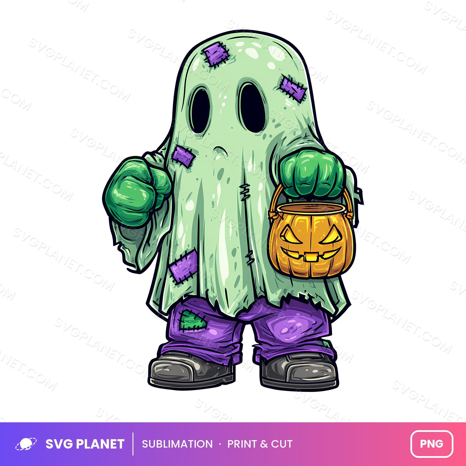 Green Hero Ghost With Pumpkin Bucket PNG - Image 2
