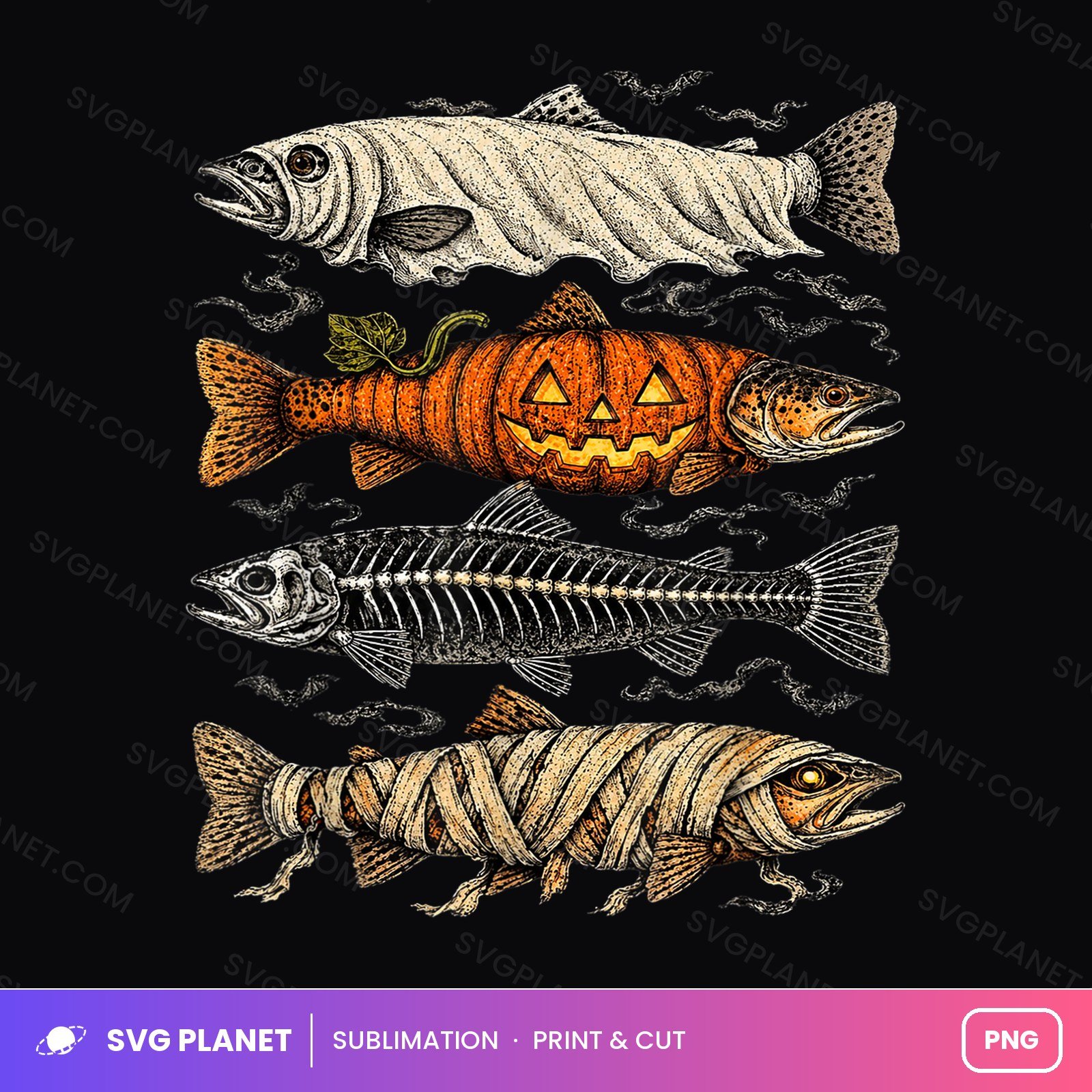 Halloween Fish Mummy Pumpkin And Skeleton Trout PNG - Image 2