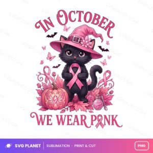 Halloween Witch Black Cat We Wear Pink Ribbon Breast Cancer PNG