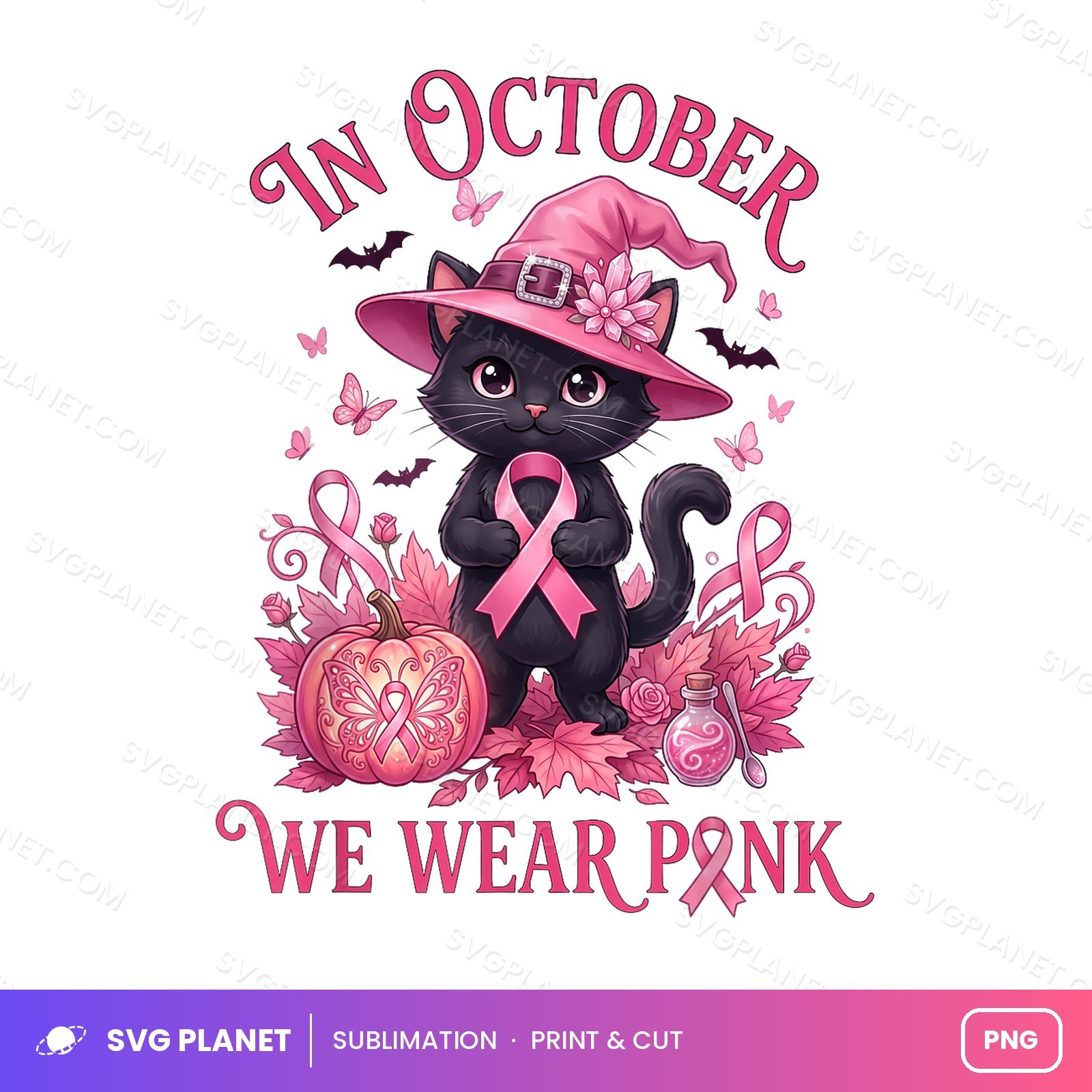 Halloween Witch Black Cat We Wear Pink Ribbon Breast Cancer PNG