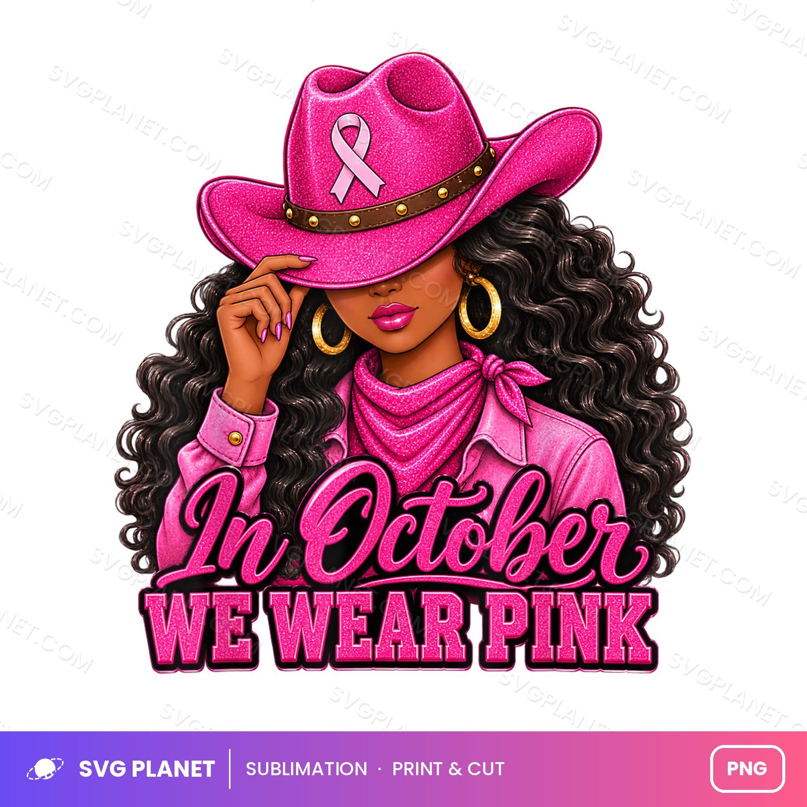 In October We Wear Pink Black Woman Breast Cancer Awareness PNG