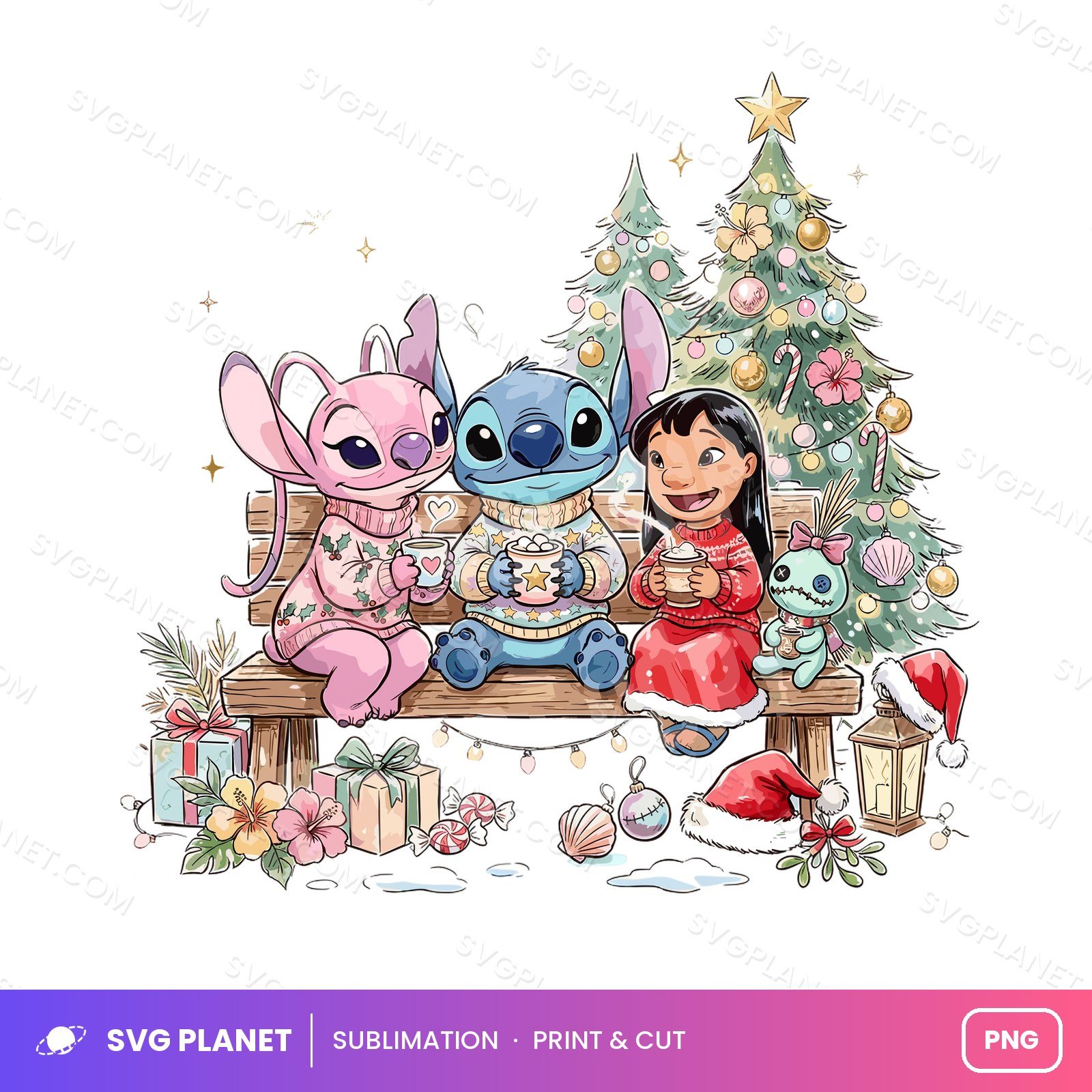 Lilo & Stitch Christmas, Retro Holiday Hot Cocoa Scene PNG