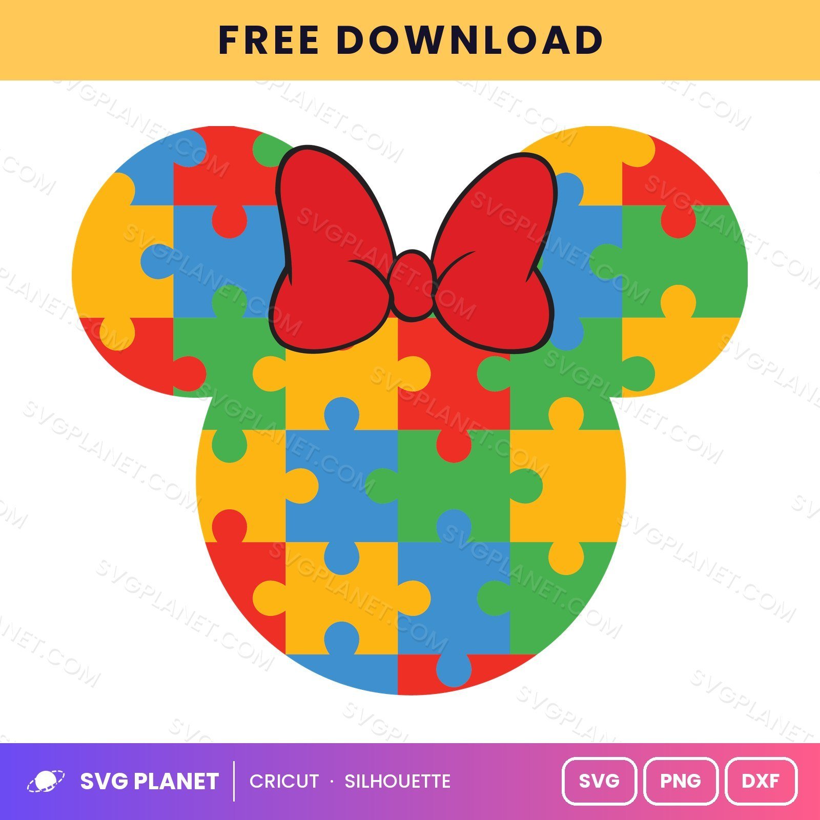 Minnie Head Autism Puzzle Bow Free SVG PNG DXF - Image 2