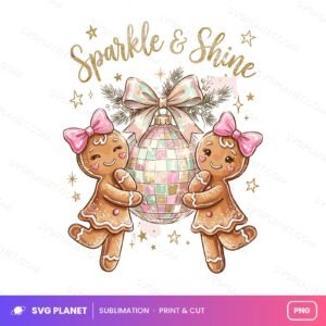 Pastel Gingerbread Girls Christmas, Sparkle & Shine Disco Ball Design PNG