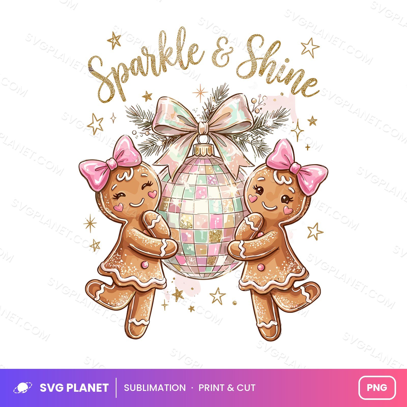 Pastel Gingerbread Girls Christmas, Sparkle & Shine Disco Ball Design PNG