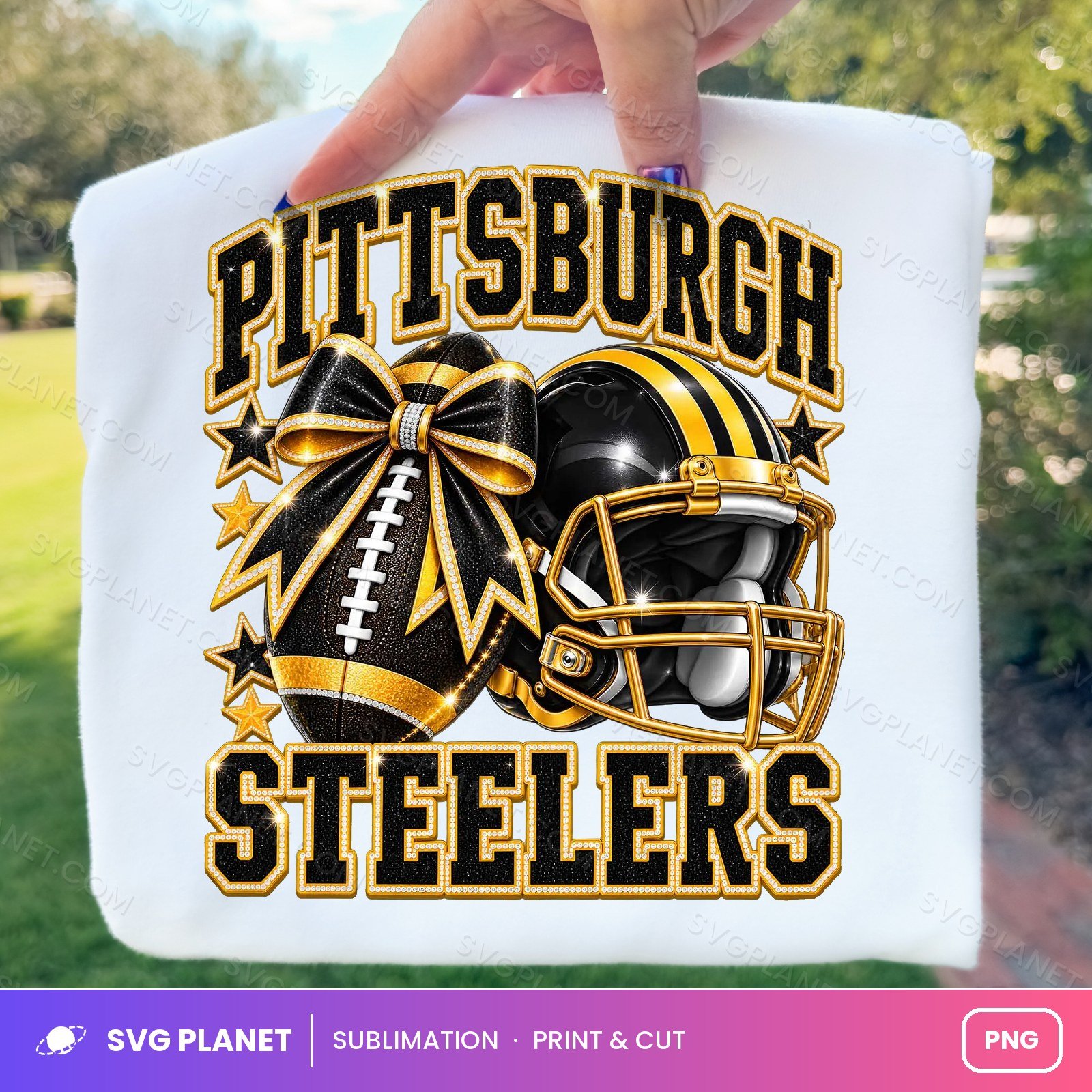 Pittsburgh Steelers Game Day, Black Gold Helmet Bow, Football Fan Design NFL PNG