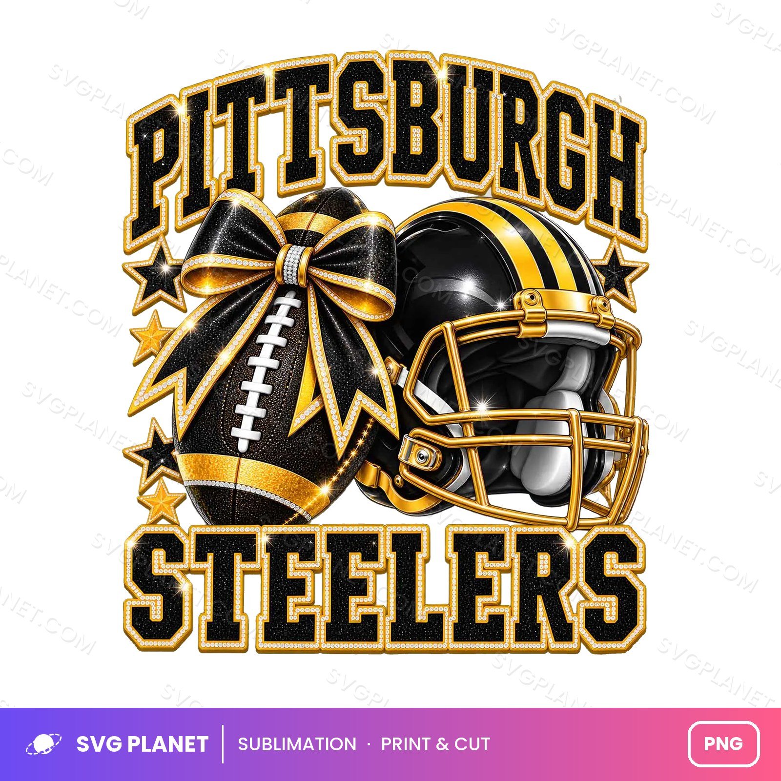 Pittsburgh Steelers Game Day, Black Gold Helmet Bow, Football Fan Design NFL PNG - Image 2