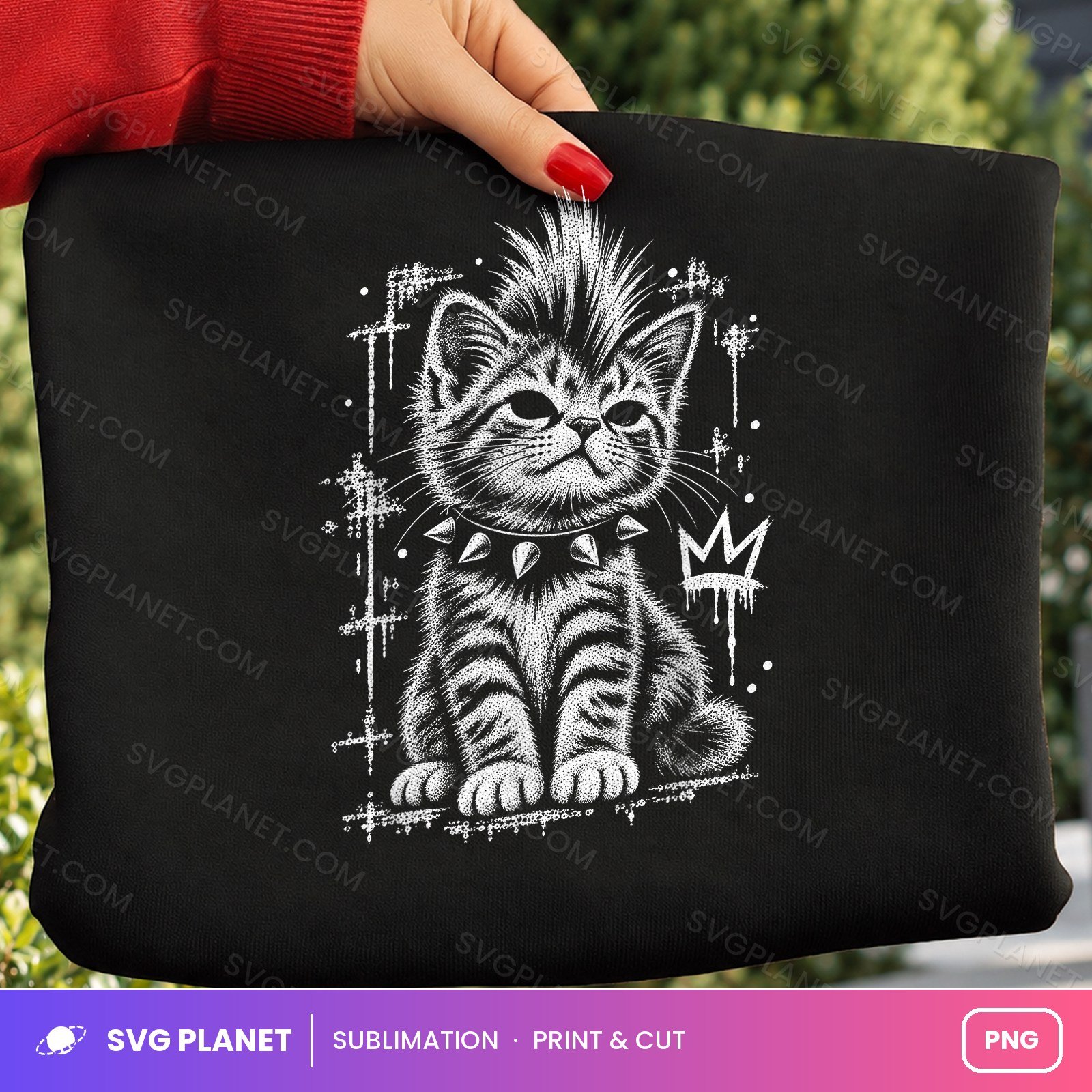 Punk Kitten With Spiked Collar And Crown Sketch PNG
