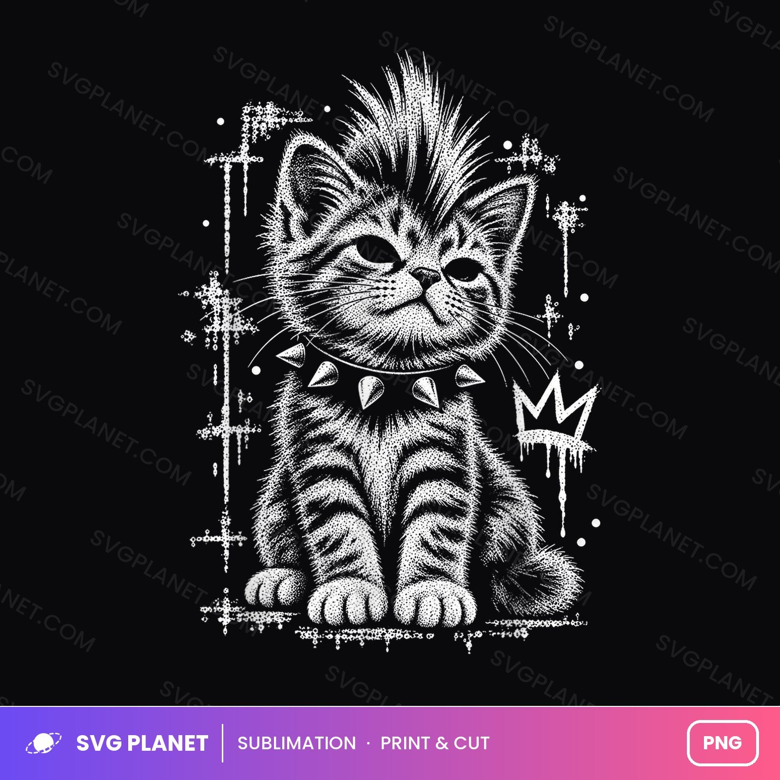 Punk Kitten With Spiked Collar And Crown Sketch PNG - Image 2