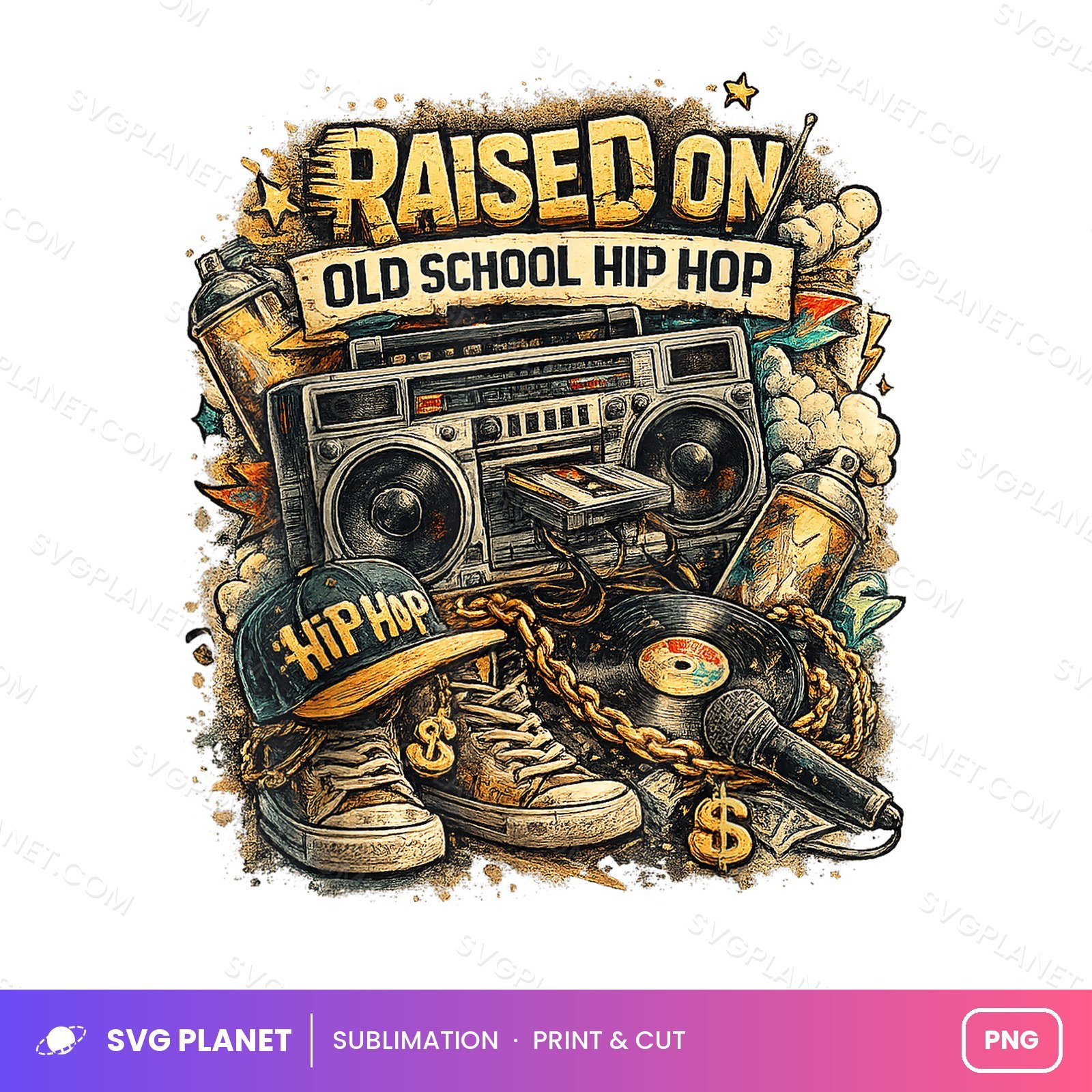 Raised On Old School Hip Hop Retro Boombox Other PNG