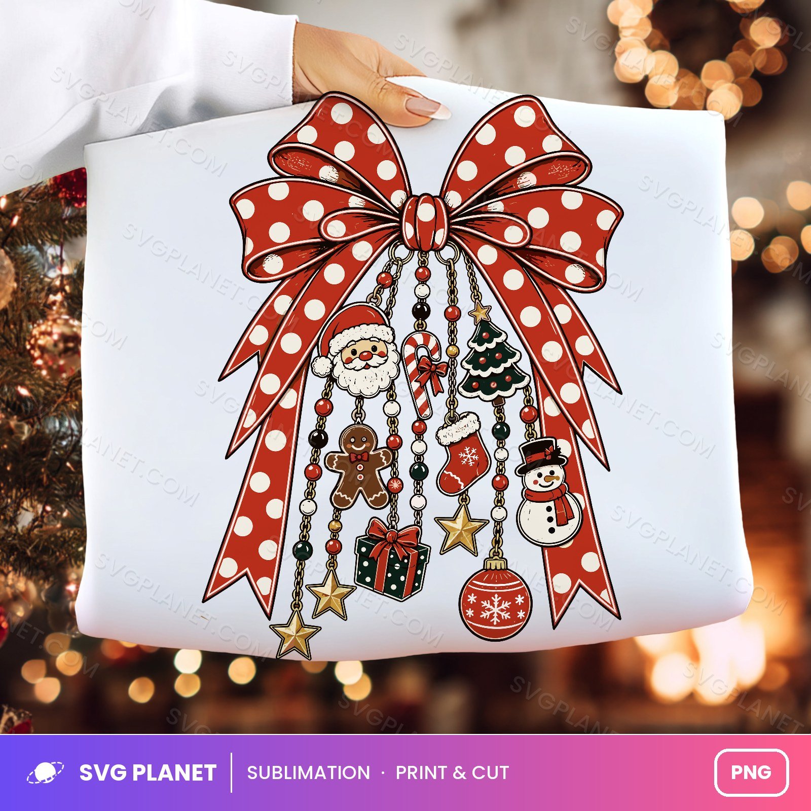 Retro Christmas Charms Bow Polka Dots, Christmas Tree, Trendy Christmas Doodles PNG