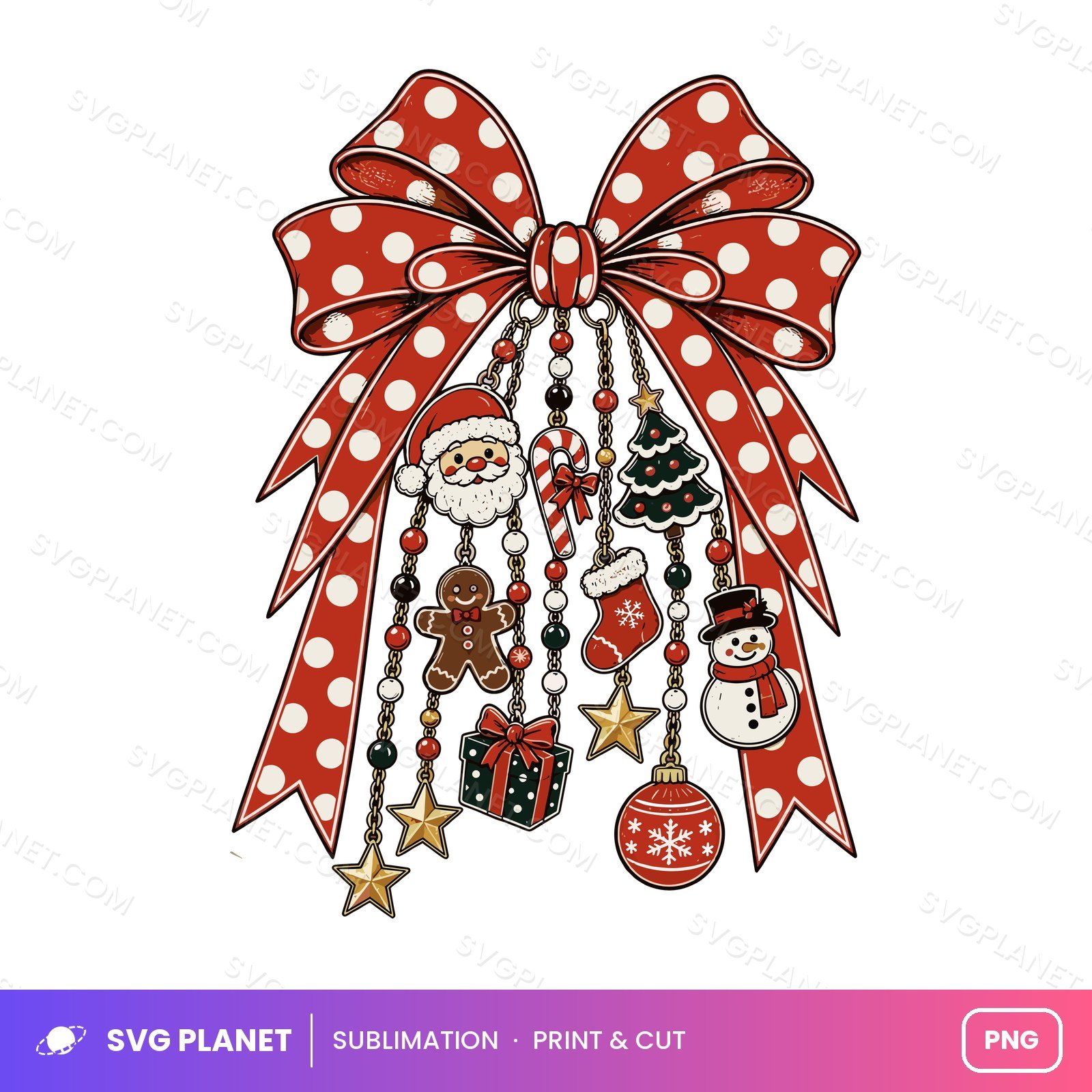 Retro Christmas Charms Bow Polka Dots, Christmas Tree, Trendy Christmas Doodles PNG - Image 2