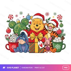 Retro Pooh & Friends Christmas, Holiday Design PNG