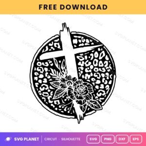 Round Leopard Cross With Roses 2 Neg Free SVG PNG DXF