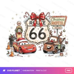 Route 66 Christmas Car Scene, Holiday Retro Auto Clipart, Festive Road Trip Art PNG