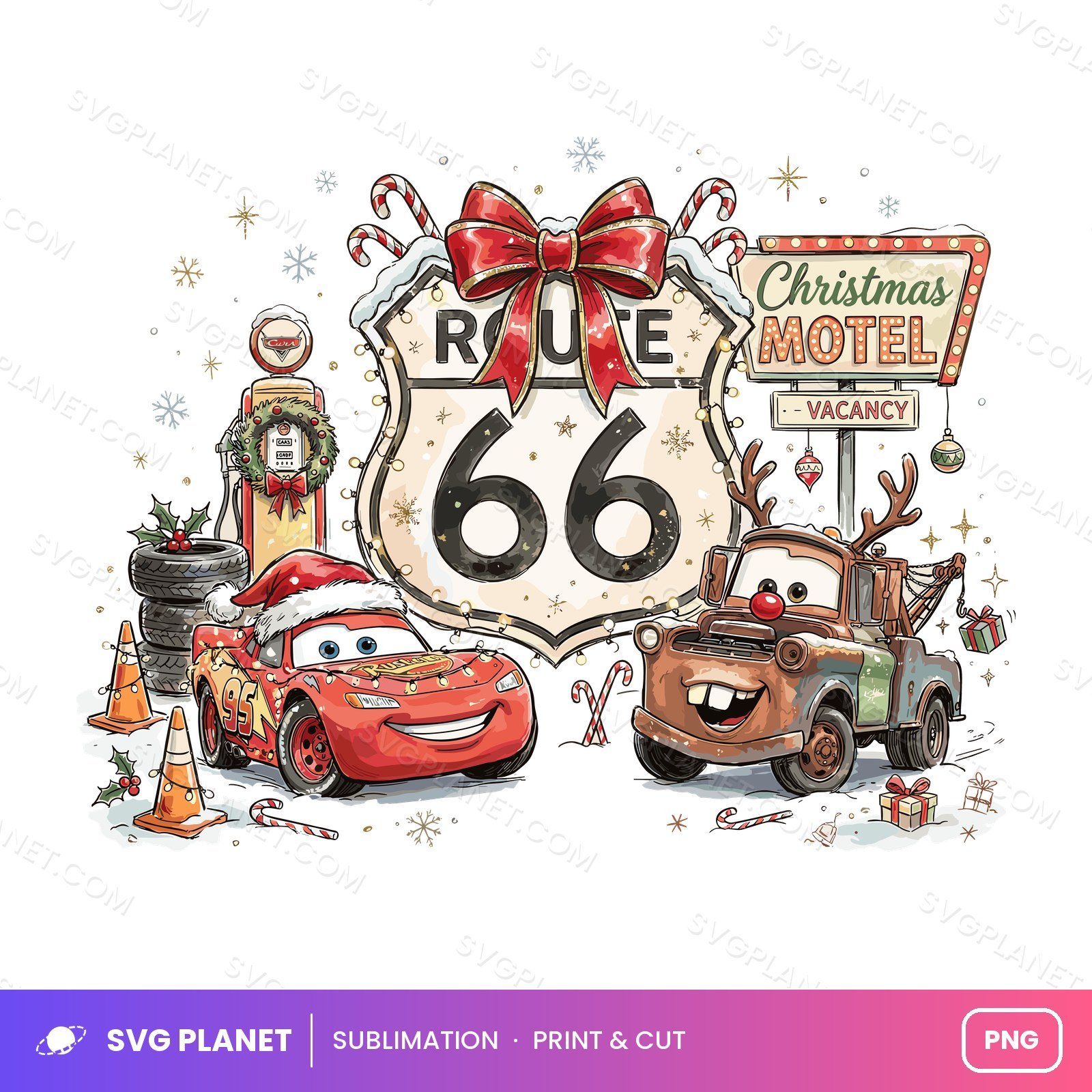 Route 66 Christmas Car Scene, Holiday Retro Auto Clipart, Festive Road Trip Art PNG