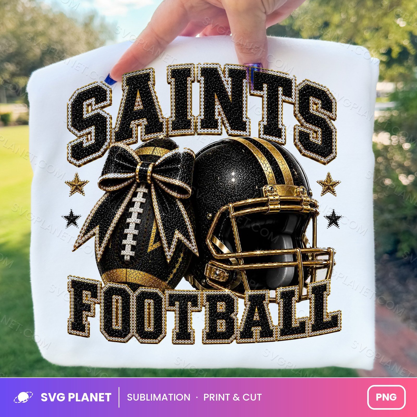 Saints Football Mom Shirt Design, Black Gold Bow, Stars NFL PNG