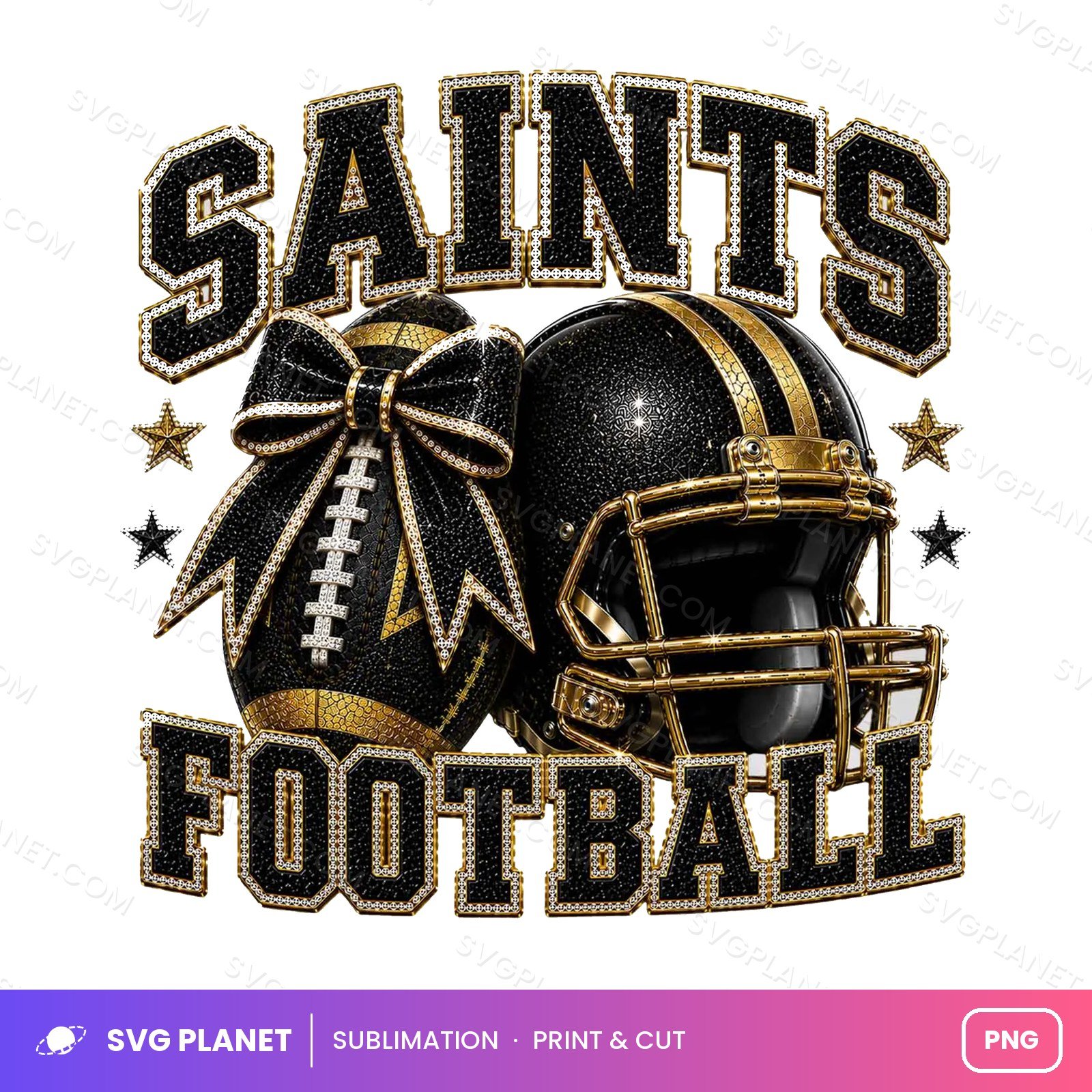 Saints Football Mom Shirt Design, Black Gold Bow, Stars NFL PNG - Image 2