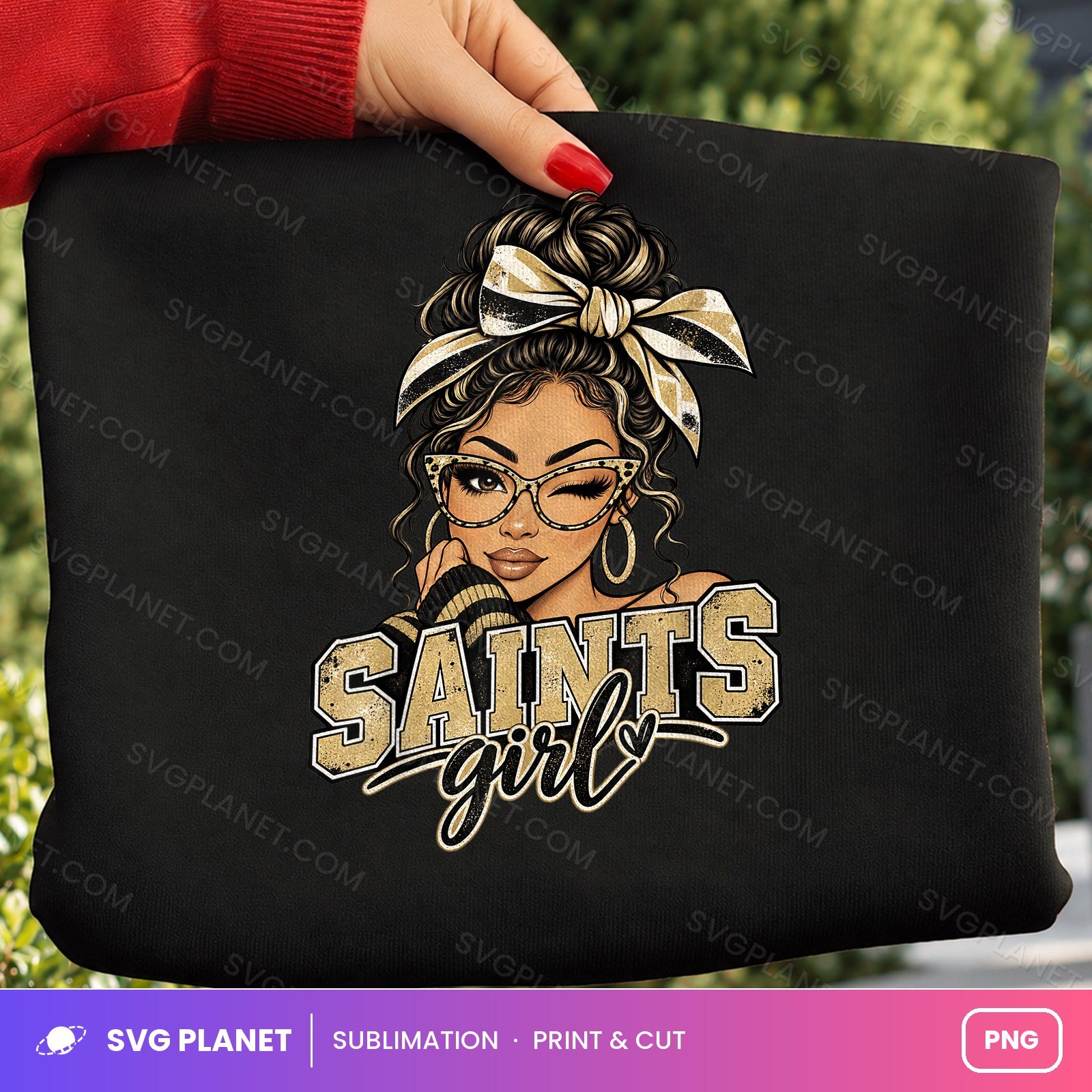 Saints Girl Messy Bun Black And Gold PNG