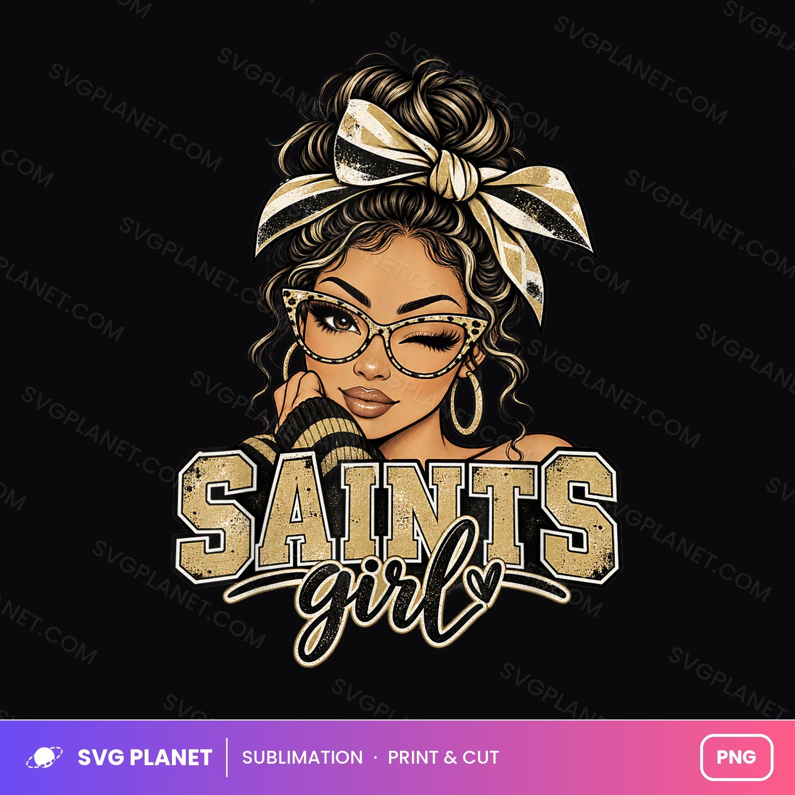 Saints Girl Messy Bun Black And Gold PNG - Image 2