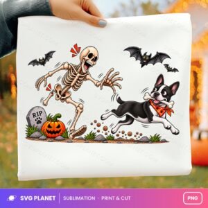 Skeleton Chased By Boston Terrier Halloween PNG