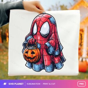 Spider Ghost With Pumpkin Bucket PNG