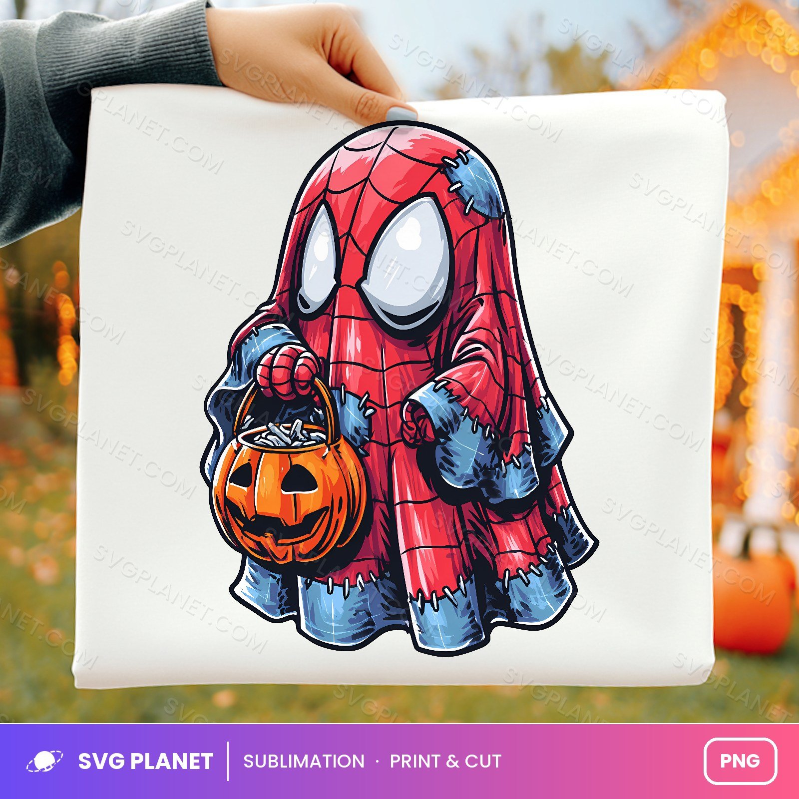 Spider Ghost With Pumpkin Bucket PNG