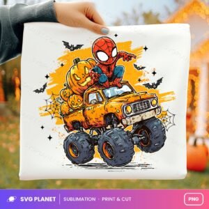 Spider Kid On Pumpkin Monster Truck PNG