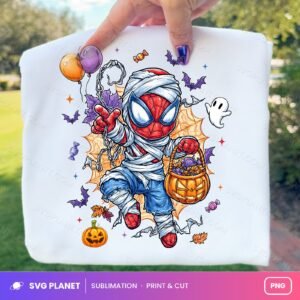 Spider Mummy With Balloons And Candy Bucket PNG