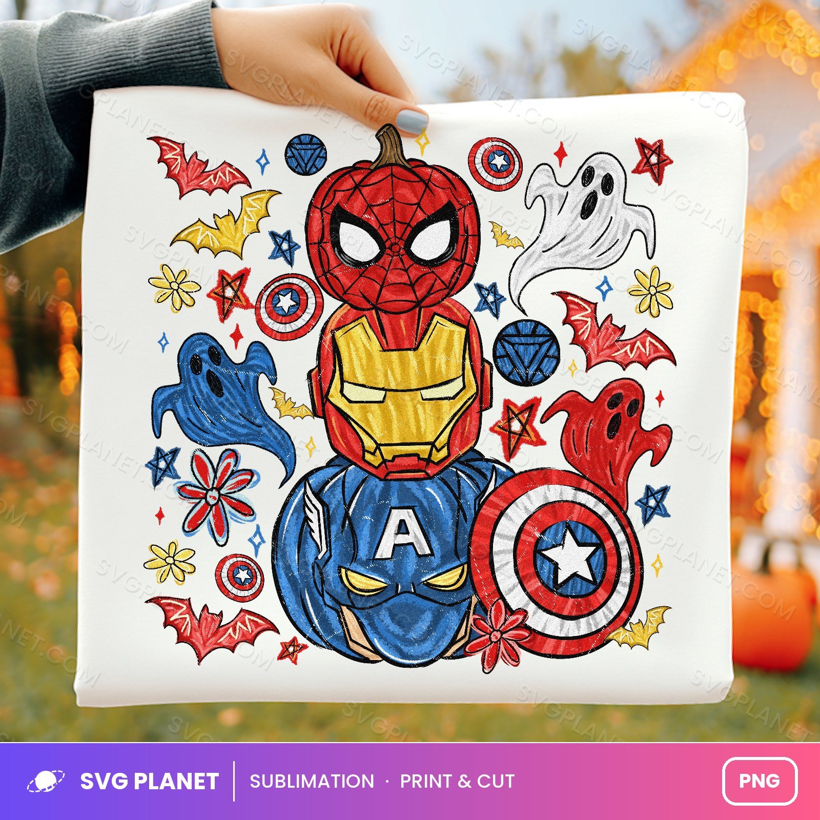 Stacked Superhero Pumpkin Heads Sketch PNG