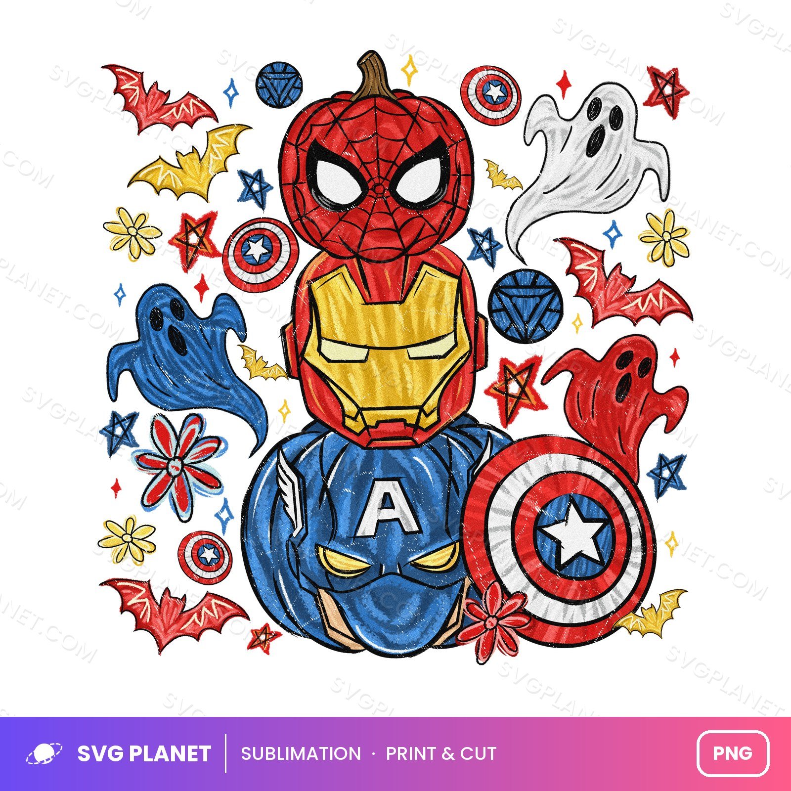 Stacked Superhero Pumpkin Heads Sketch PNG - Image 2